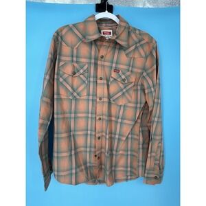 Wrangler Men's Long Sleeve Woven Twill Shirt Peach/Orange Plaid Medium